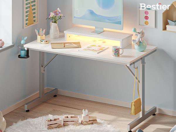 Bestier Gaming Desk with LED Lights & Monitor Stand, 42 inch Small Computer Desk Gamer Workstation with Cup Holder & Headset Hooks, Modern Simple Style Desk for Home Office