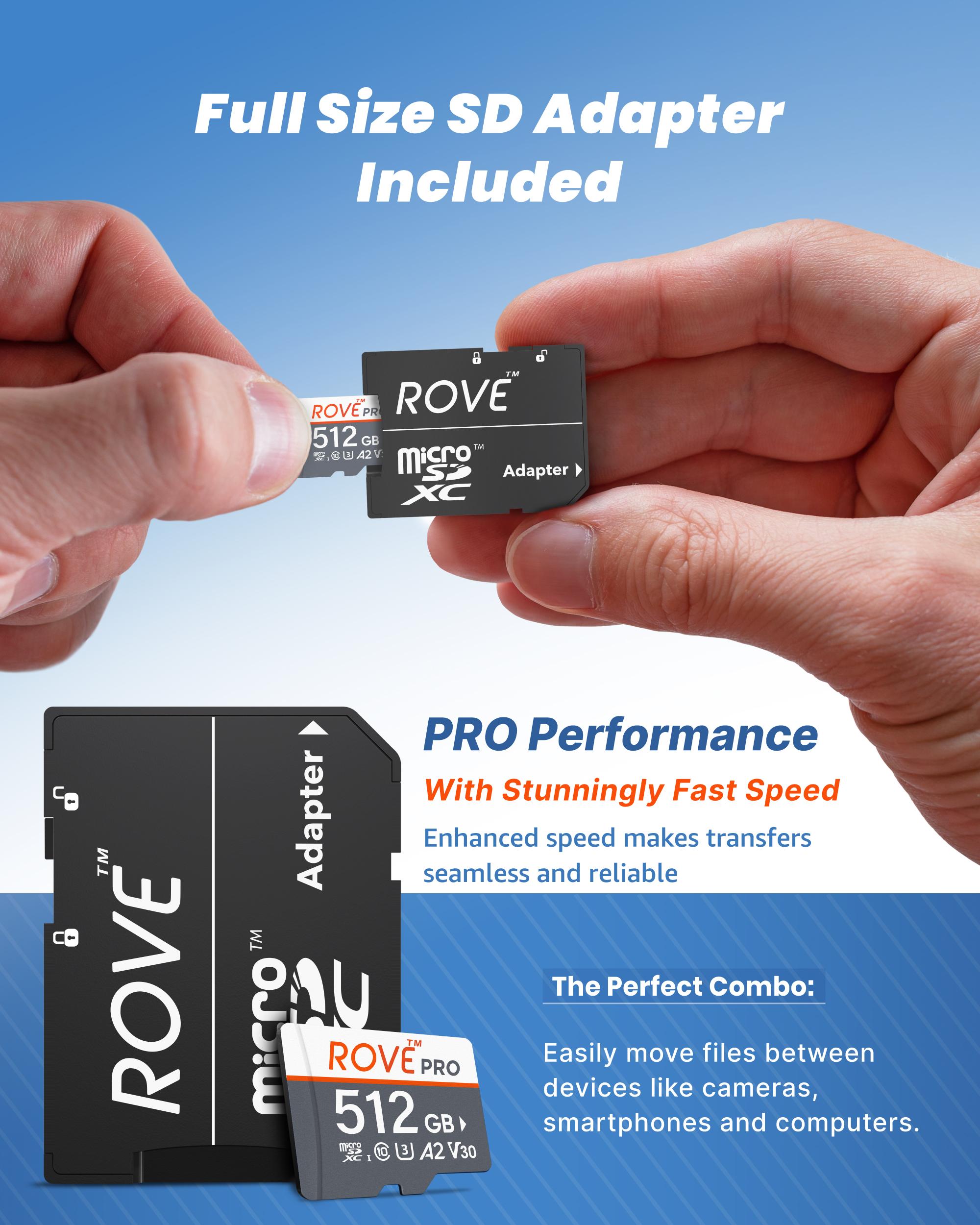 ROVE PRO microSD Card with Full-Size SD Adapter, 128GB / 256GB / 512GB
