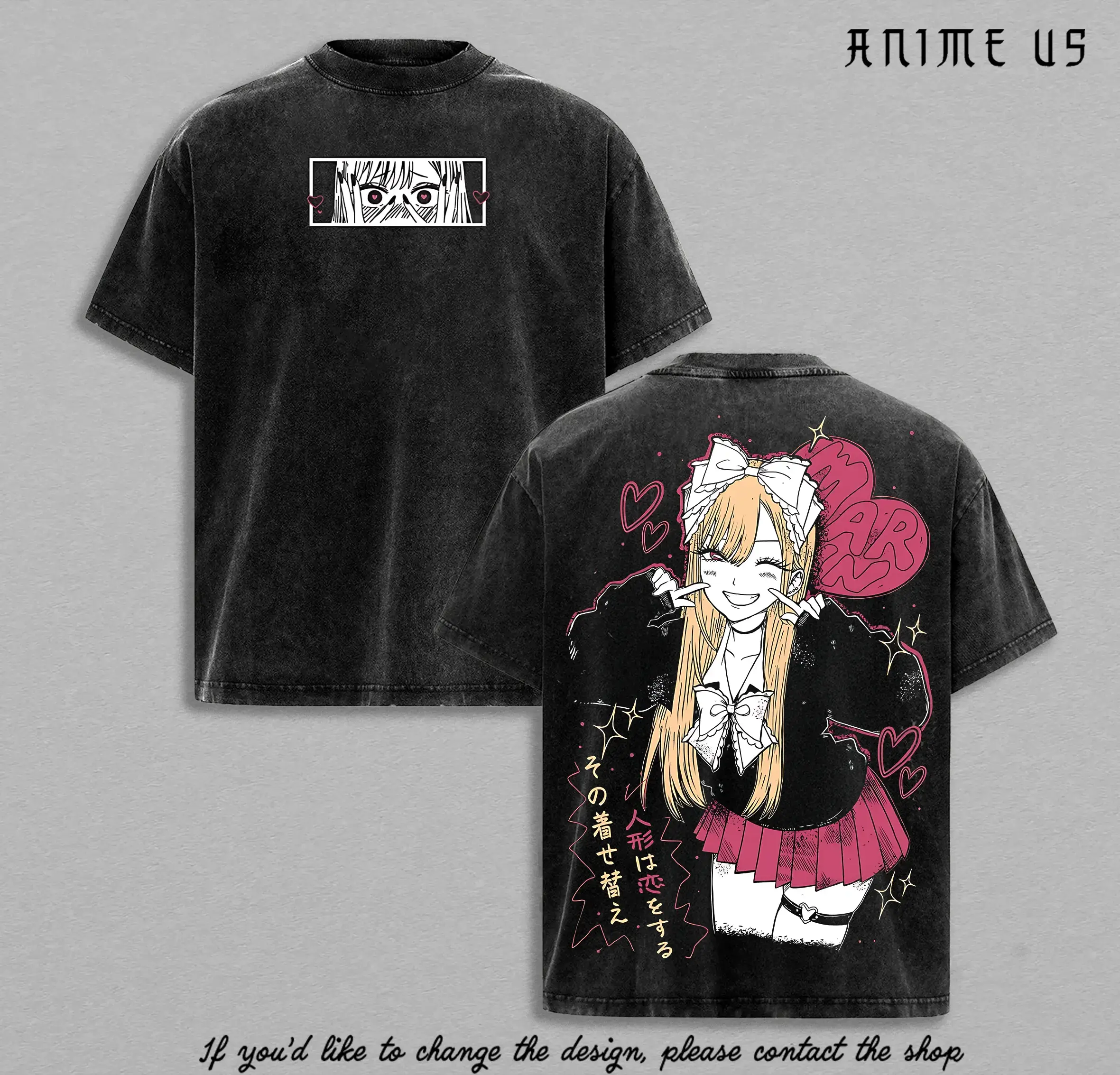 Unisex Menswear Vintage Washed Round Neck Graphic Tee - My Dress Up Darling Marin Kitagawa Oversized Heavy Cotton Cosplay Clothes, Seamless Anime Streetwear, Short-Sleeve, Breathable, Printed, Soft Retro Apparel