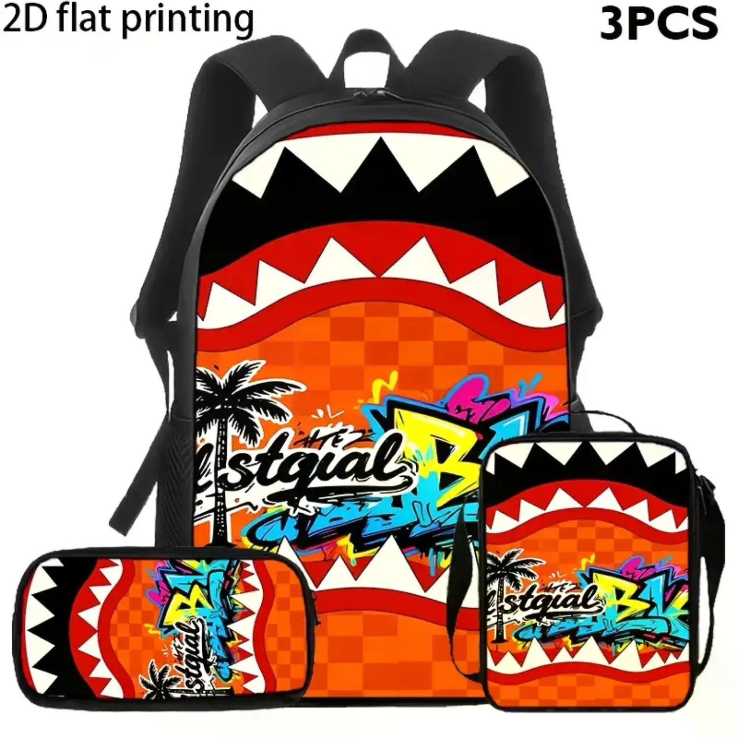 Urban Street Art Orange Shark Backpack Set - 3-Piece School Bag with Checkerboard Design, Includes Matching Lunch Bag and Pencil Case, Perfect for Boys, Girls, and Teens, Trendy Travel Daypack Gift