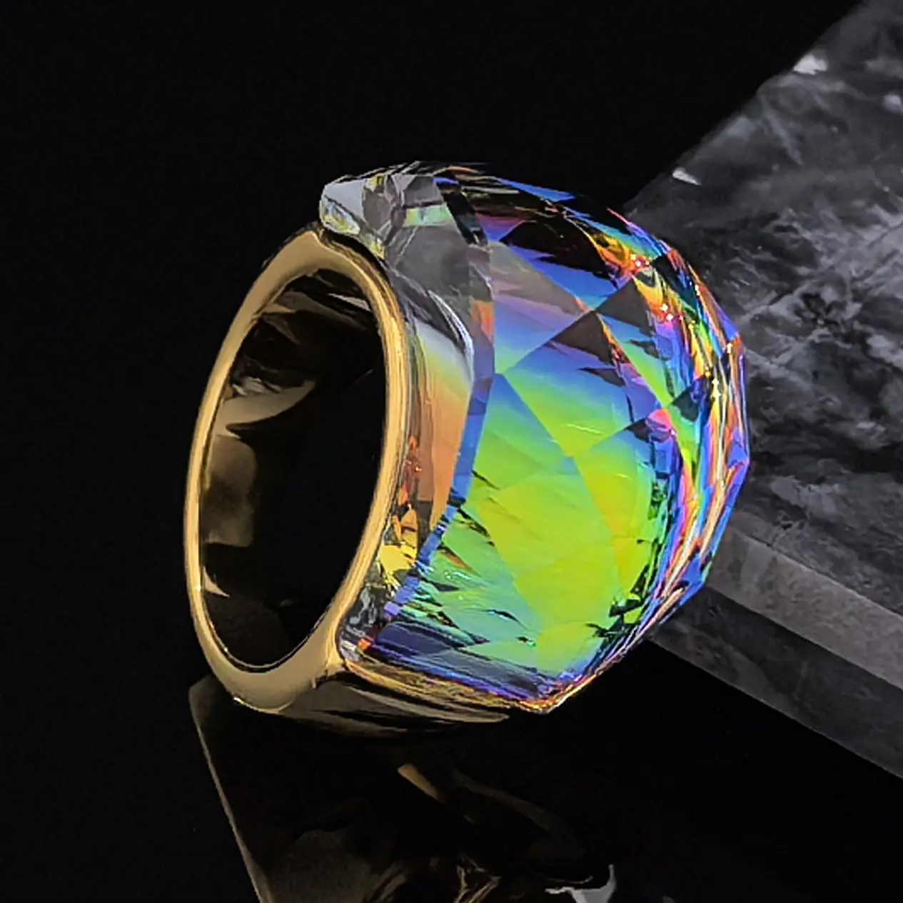 Women's Bohemian Wide Band Ring - 1pc Golden Stainless Steel with Multicolor Rainbow Transparent Inlays, Vintage Durable Birthstone Jewelry, Accessories for Women, Meaningful Gifts for Weddings, Holidays, Statement Multi Ring, Christmas, Ring Stack