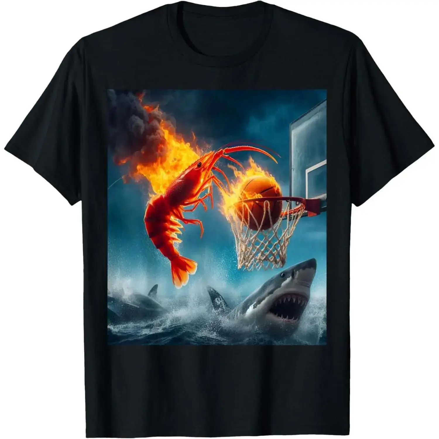 [Cotton graphic tees]men gifts Casual shortsleeve tops Shrimp Dunking on Shark Funny Fishing Meme T-Shirt casual crew neck cotton t-shirt Menswear Unisex