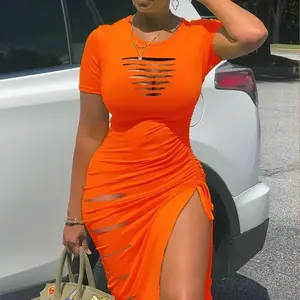 Trapezoidal hollow pleated slim fit dress, suitable for women's side slanted drawstring club party short sleeved MIDI dress