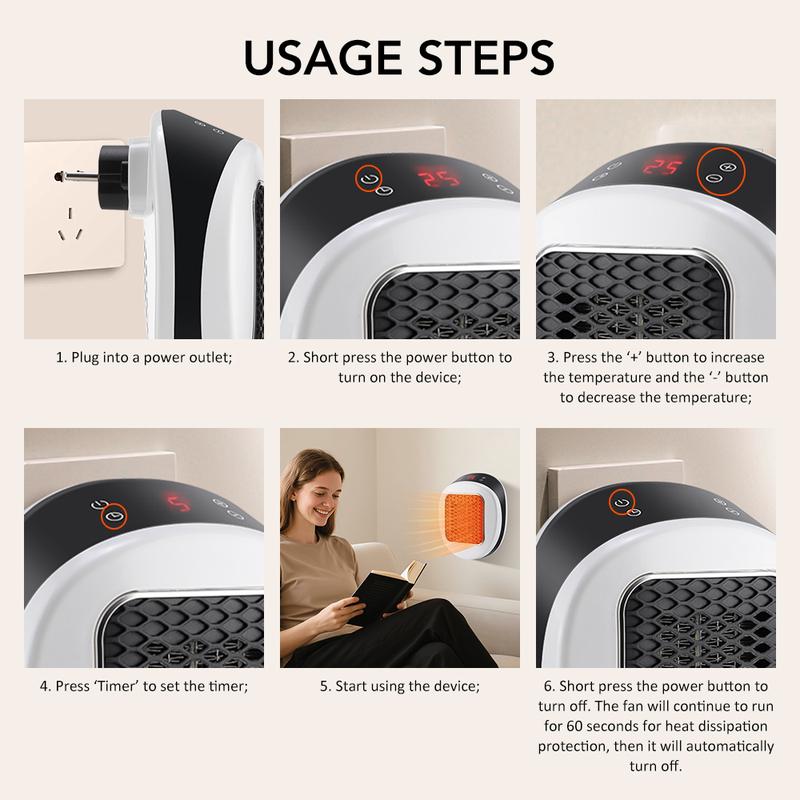 600W Portable Electric Heater with Remote Control, Ceramic Material, Fast Heating, Adjustable Temperature, Smart Timer, Winter Warmth Essential, Plug-In Space Heater for Home Use, US Plug