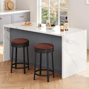 Swivel Bar Stool Set of 2, 24.4" Counter Height Bar Stool with Upholstered PU Leather Cushion, Round Backless Kitchen Barstool with Metal Frame for Kitchen Home Bar, Black