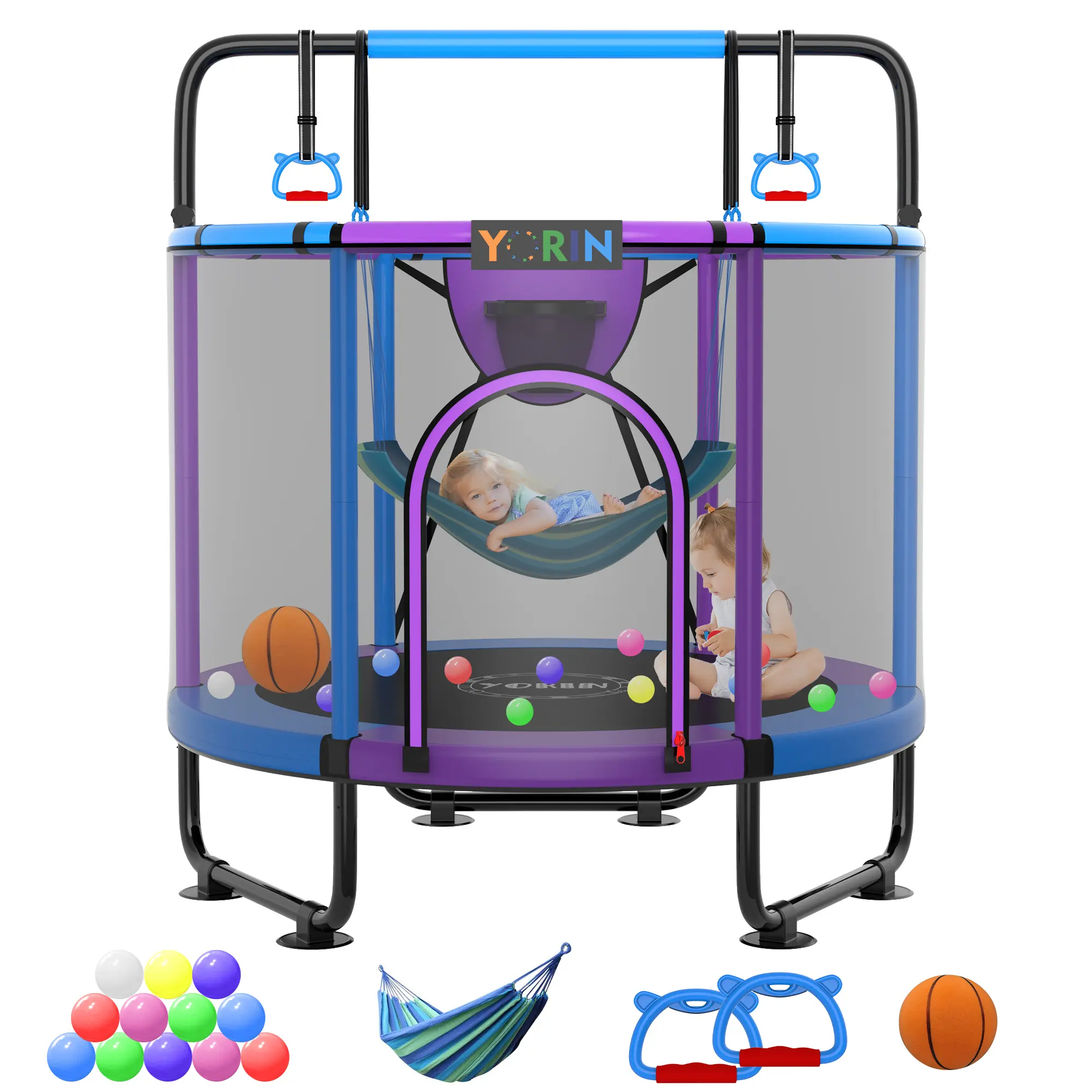 YORIN Mini Trampoline for Kids Outdoor Play (Ages 2-3), with Swing, Basketball Hoop, Adjustable Gymnastics Bar, 55"-66" Fitness Exercise Equipment, TikTokShopBlackFriday