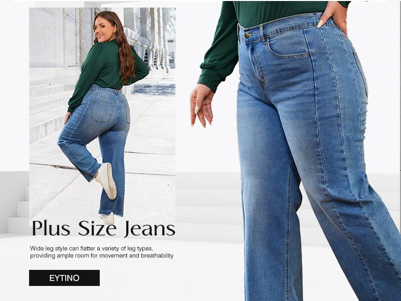Eytino Women's Plus Size Wide Leg Jeans Elastic High Waist Stretchy Raw Hem Denim Pants with Pockets(1X-5X) Eytino Women's Plus Size Wide Leg Jeans Elastic High Waist Stretchy Raw Hem Denim Pants with Pockets(1X-5X)