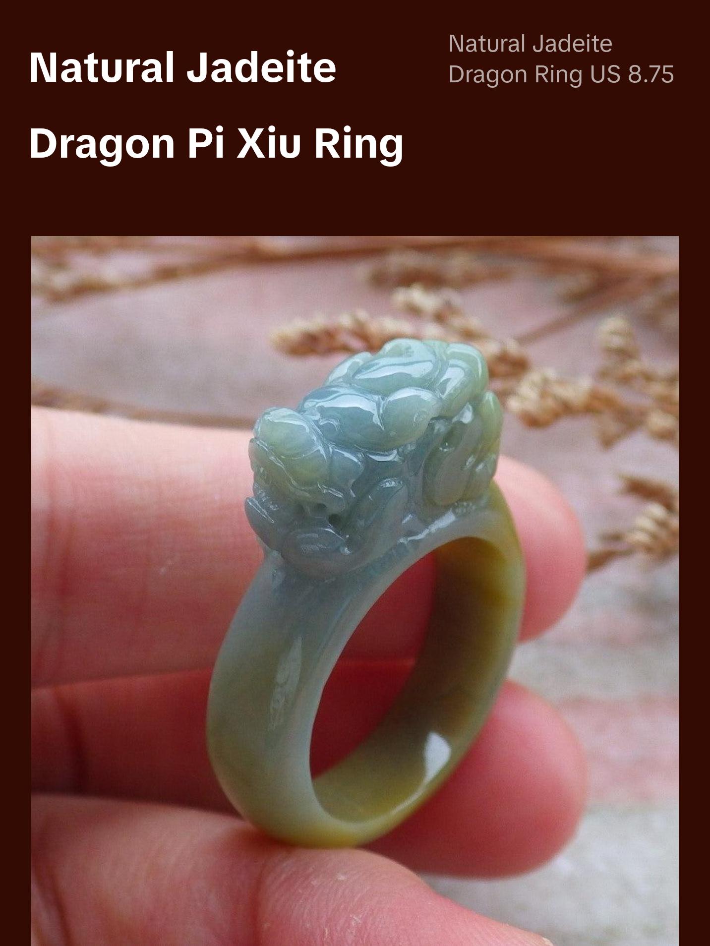 Certified Hand Carved Blue Water Green Yellow Natural Myanmar Burma A JADE Jadeite Dragon Pi Xiu Ring US 8.75