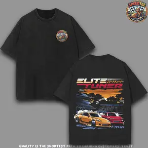 Elite Tuner Drift Graphic Tee | Oversized Acid Wash T-Shirt | Cartoon Nissan 350Z & Silvia S15 JDM Streetwear | Retro Sunset Racing Heavy Cotton Shirt for Men & Car Enthusiasts