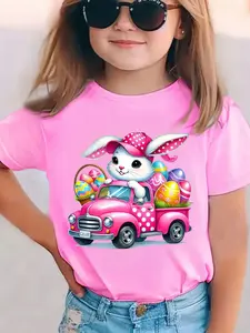 Toddler Girls Bunny Mom's Little Sweetheart Mother's Day T-Shirt, Cute Pink Bunny Truck Graphic Tee for Kids, Little Girls Short Sleeve Cotton Shirt, Sweet Mother's Day Gift for Daughters