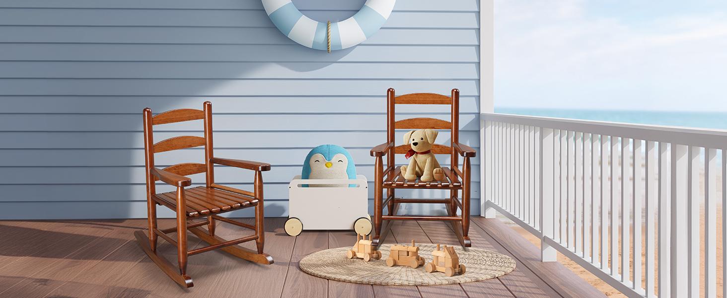Joymor Outdoor Children's Rocking Chair, All-Weather Wooden Rocker with High Backrest, Ideal for Garden, Yard, and Balcony, Patio Rocking Chair Suitable for Ages 3-6, Teak