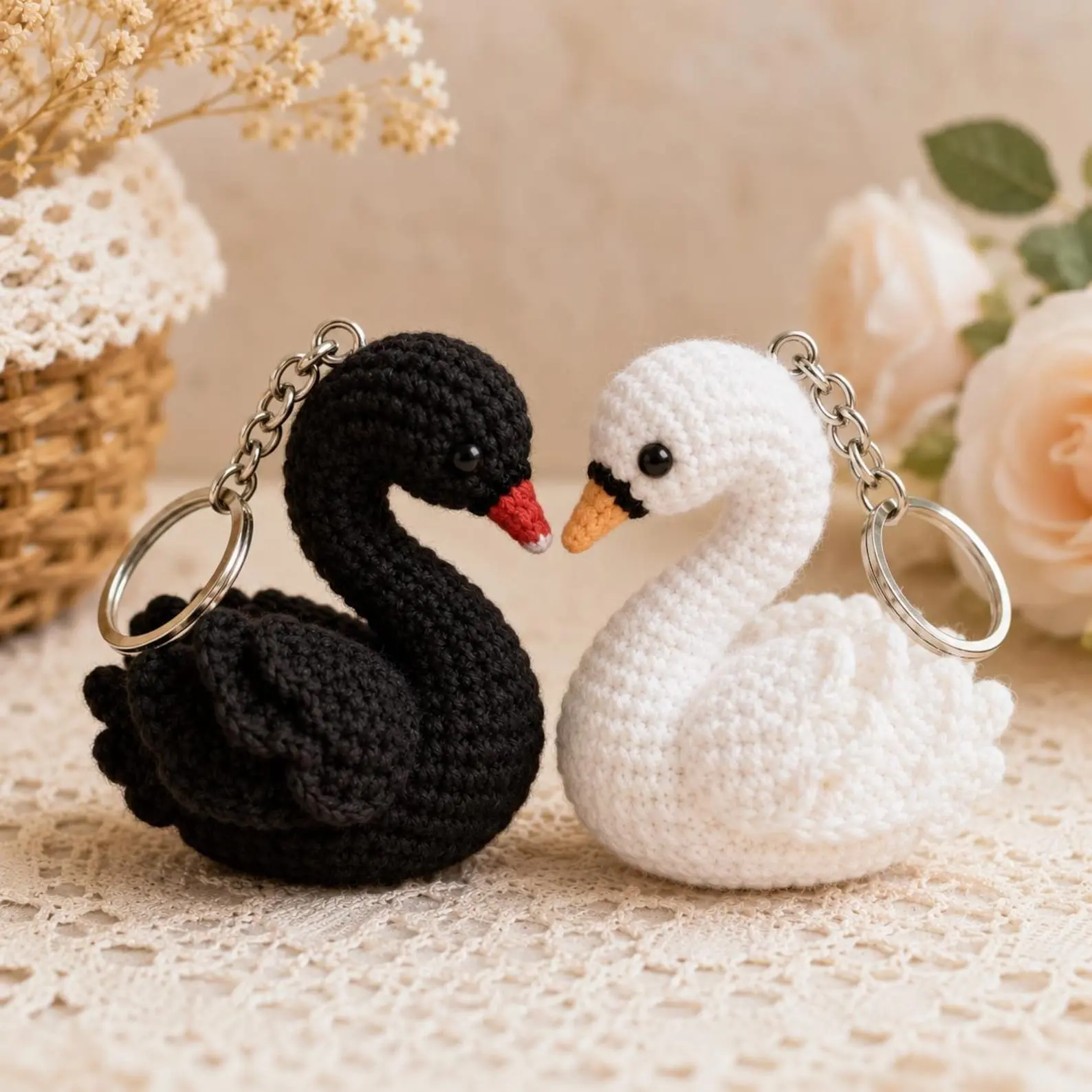 Crochet Swan Keychain, Black White or Pink Amigurumi Bag Charm, Single or Pair