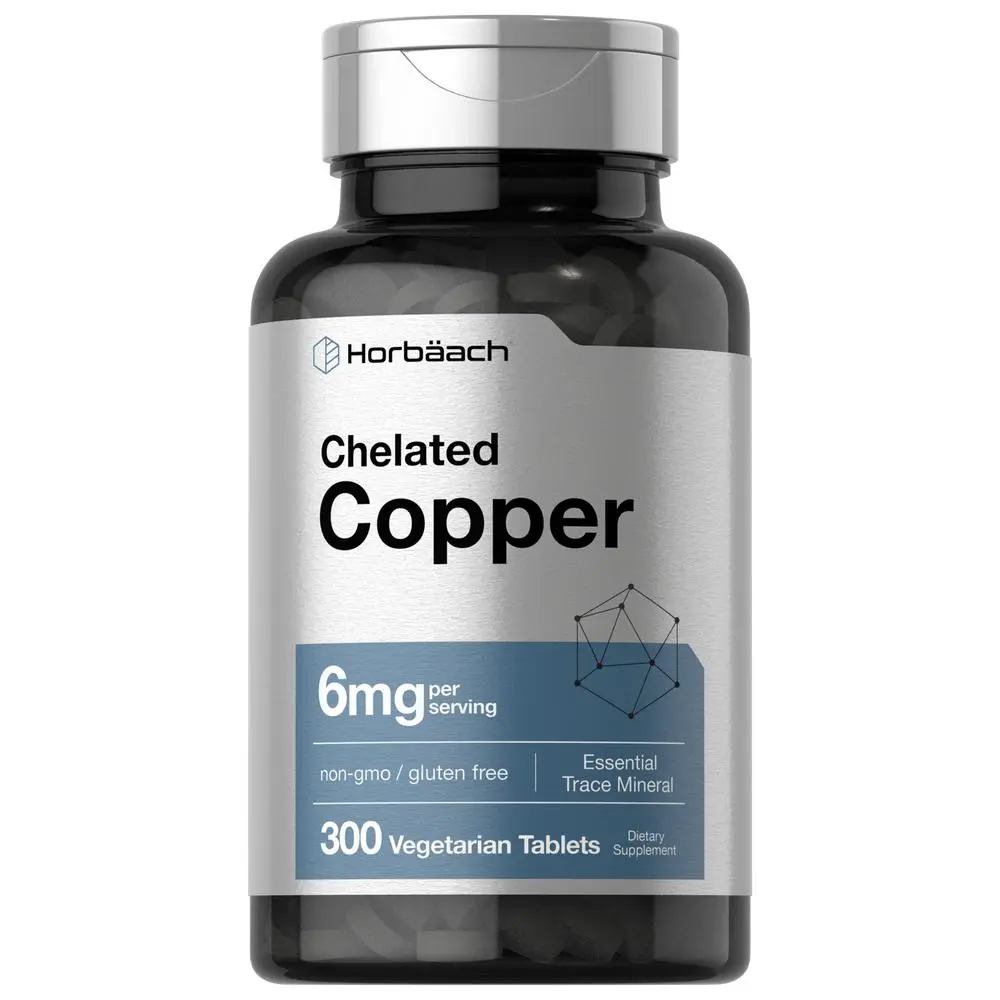 Horbäach Chelated Copper Supplement 6mg - 300 Tablets - Essential Trace Mineral - Vegetarian, Non-GMO, Gluten Free