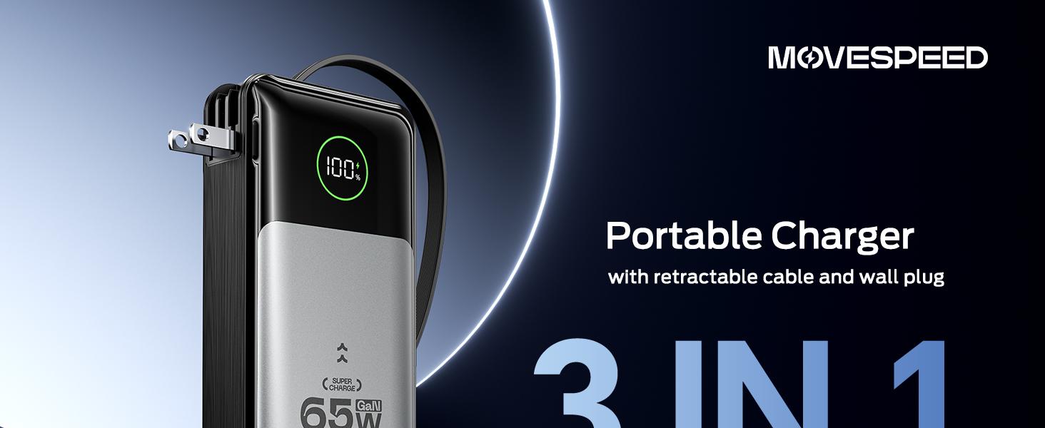 MOVE SPEED 3 in 1 Portable Phone Charger, 10000mAh 35w /20000mAh 65W GaN Battery Pack with Built-in Retractable 2.3ft USB-C Cable and Foldable Wall Plug, Travel Power Bank for iPhone 16/15 Series, Galaxy