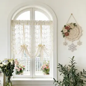 Beige Romantic Little Floral Woven Lace Tie Up Balloon Curtain for Kitchen Liftable Tier Roman Blind Victorian Drapes for Small Window Cafe Balcony Rod Pocket 1 Panel