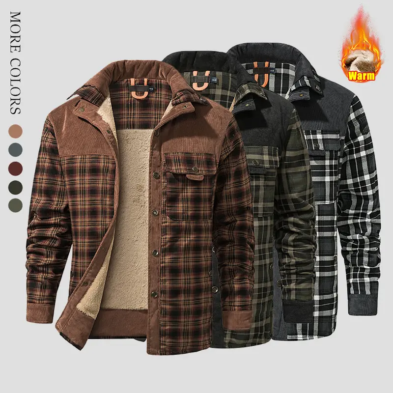 Men's Long-Sleeve Stylish Checked Corduroy Wool-Lined Flannel Shirt Jacket - Comfortable, Well-Fitting Top for Casual Everyday & Weekend Outings
