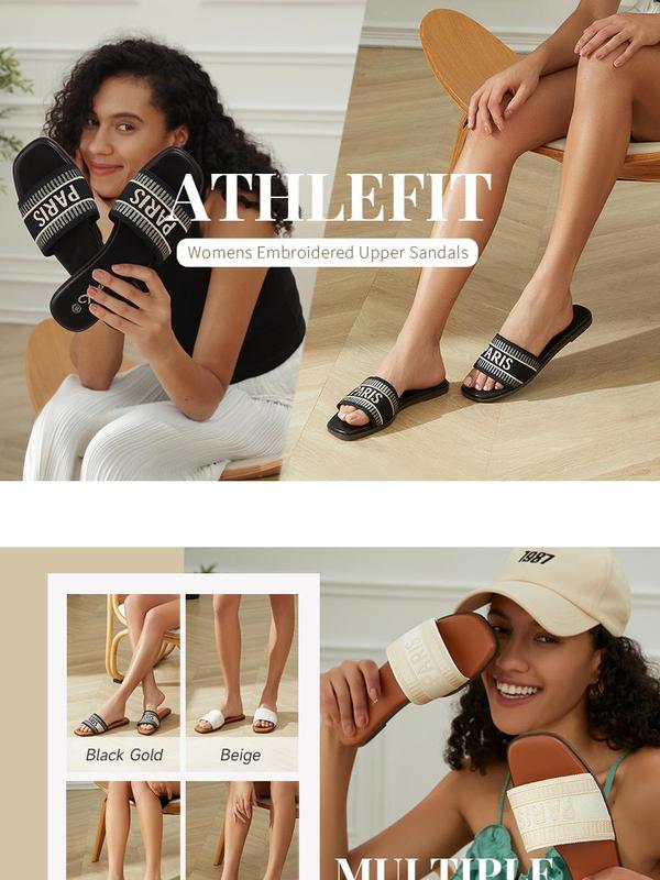 Athlefit Summer Black Flat Sandals for Women Comfortable Slip On Slide Sandals 2024 Fashion Shoe Girl Footwear