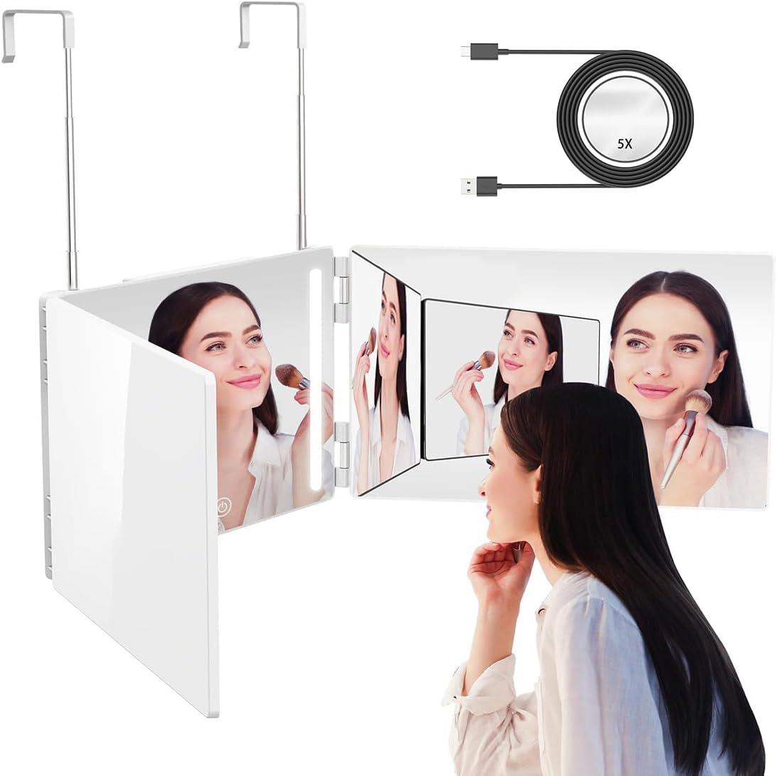 LED Makeup Mirror 3 Way Mirror for Self Hair Cutting with LED Lights Usb Charging (or without LED), Rechargeable Self Cut 360 Barber Mirror for Haircuts Door Mount