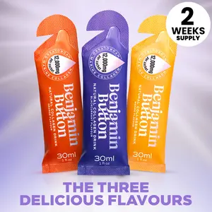 Benjamin Button 12,000mg Marine Collagen Liquid Sachets with Hyaluronic Acid & Vitamin C, 30ml, 14- or 28-Day Supply, Mango, Orange & Blackcurrant Flavor
