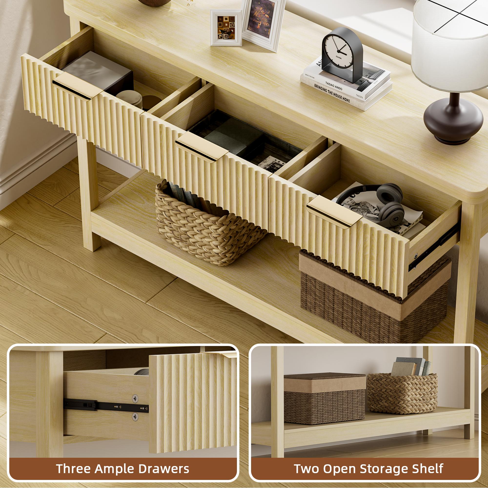 Aowos 51"Fluted Console Table with Storage, Entryway Table Sofa Table with 3 Drawers and Open Shelf, Modern Narrow Display Shelf for Hallway Living Room