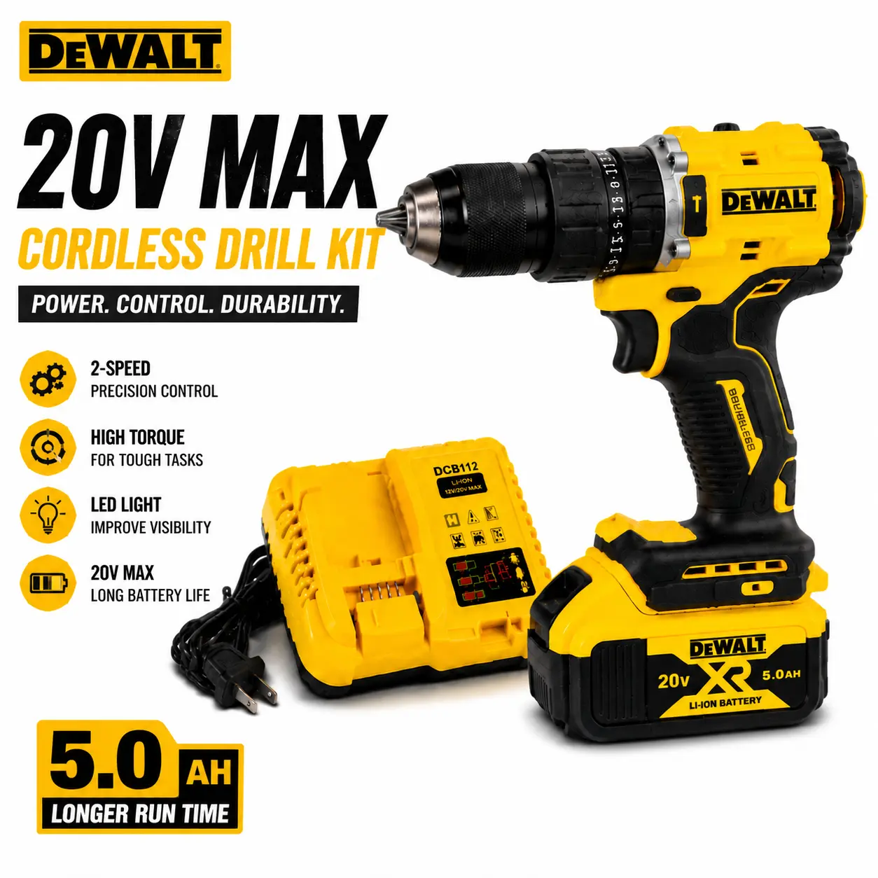 DEWALT Cordless Drill Set, Powerful Drilling & Screwdriving, Durable Metal Gear & Reinforced Housing, Compact Ergonomic Design, Rechargeable Power Tool Kit, DIY Home Repair, Woodworking, Garage & Workshop