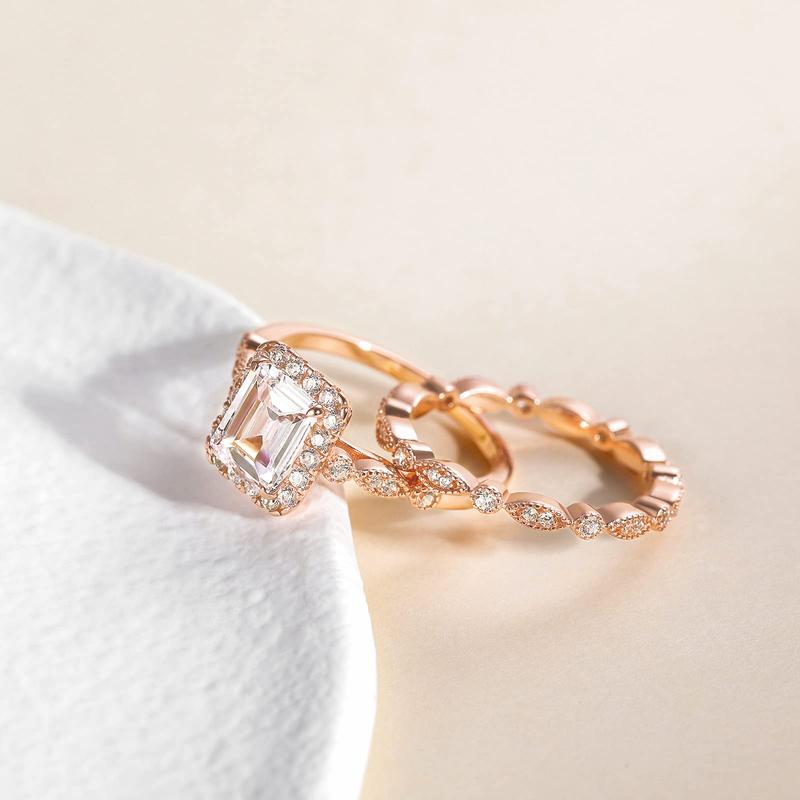 EAMTI 2CT 925 Sterling Silver Bridal Ring Sets Emerald Cut CZ Engagement Vintage Rings Marquise Wedding Bands for Women