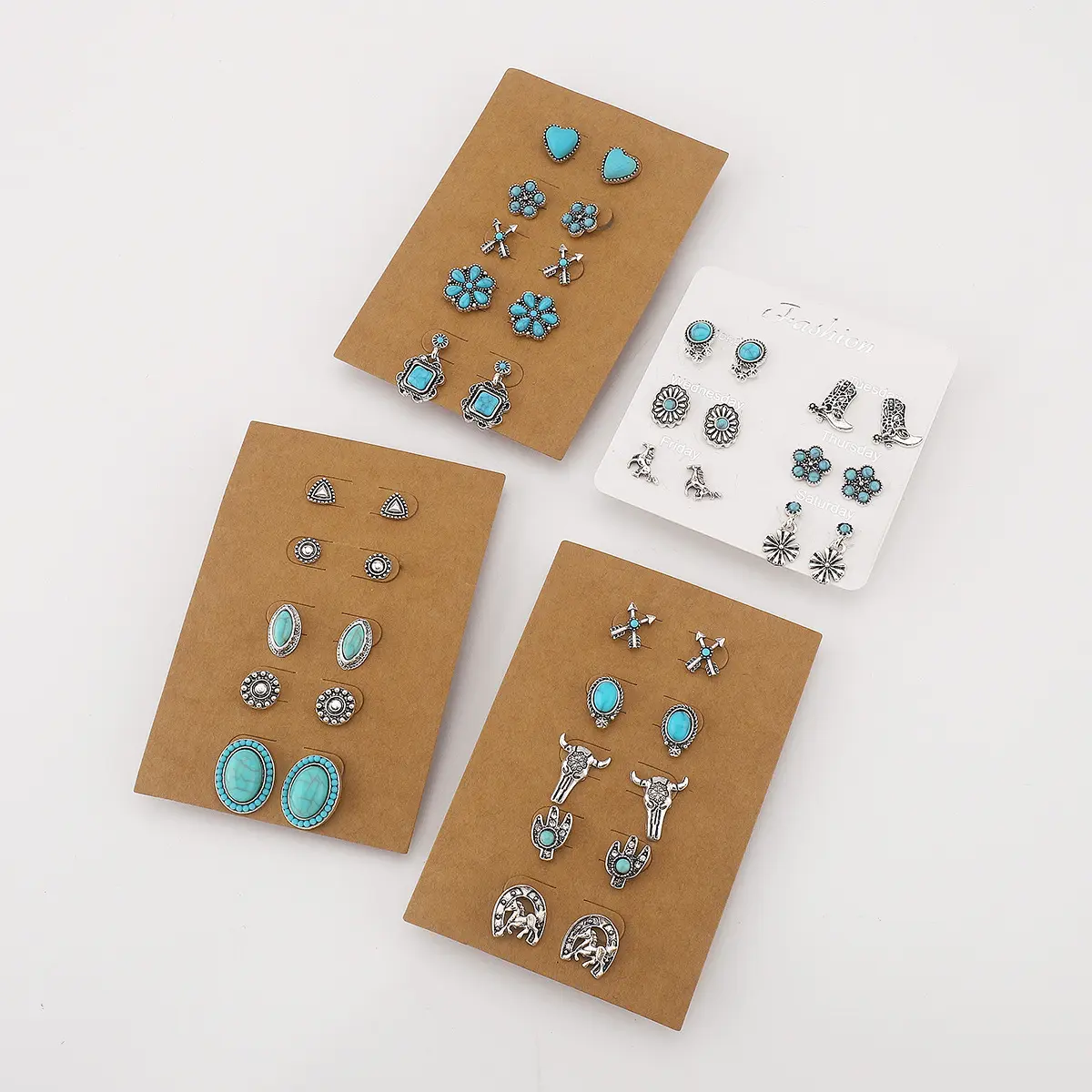 Women's 5-6 Pairs Vintage Western Cowgirl Earring Stacks - Antique Silver Zinc Alloy Earrings with Turquoise Accents, Arrow, Longhorn, Cactus, Horse Boot, Floral, Geometric Motifs - Lightweight Costume Jewelry for Daily Use, Gift, Cowgirl Earrings