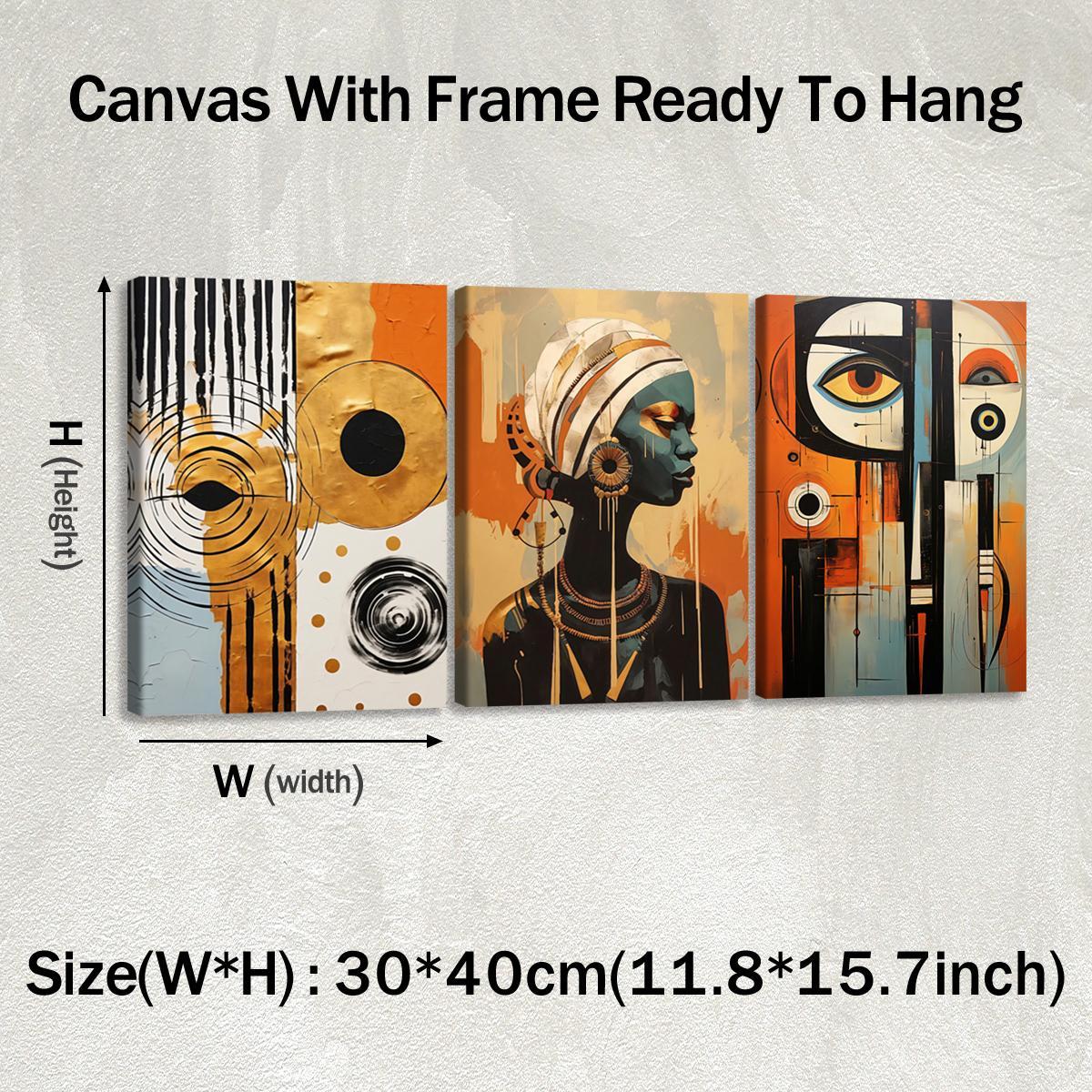 3Pcs Wooden Framed Canvas Painting, African Woman Abstract Geometric Shapes Gold Orange, Exquisite Poster, Home Decoration, Pattern Wall Art Decor, For Living Room, Bedroom, Office, Restaurant, Bar Wall Decor, Odorless, Painting, Print Artwork
