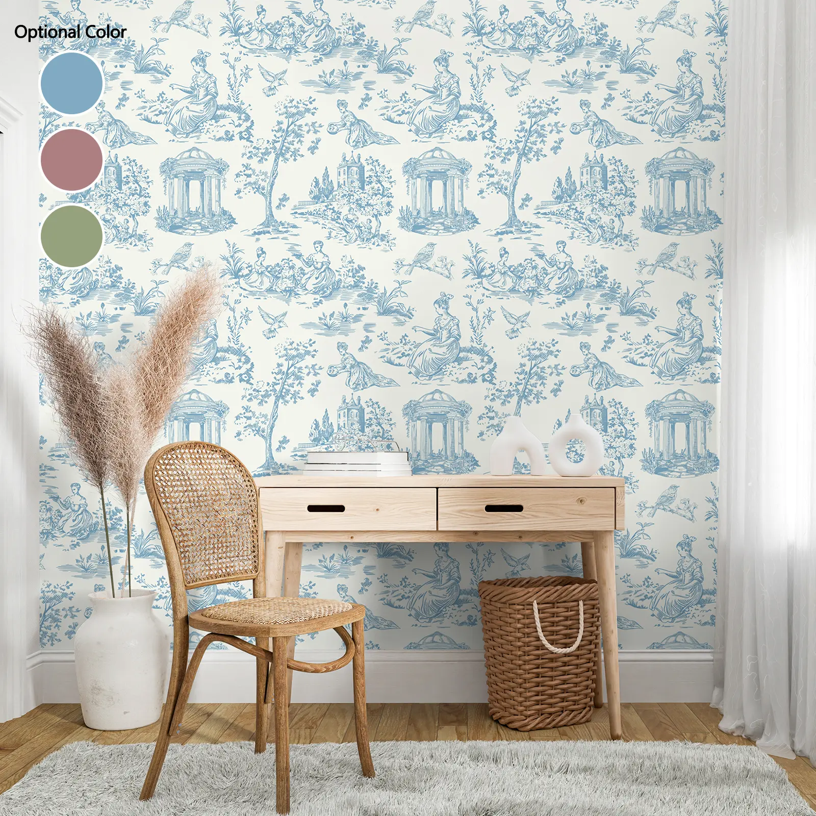 VEELIKE Peel and Stick Decorative Wallpaper, Vintage French Farmhouse Renter-Friendly Indoor Paper for Bedroom Interior Walls, Removable Self-Adhesive Blue Green Red Contact Paper for Closet, Accent Walls, Peel And Stick Wallpaper