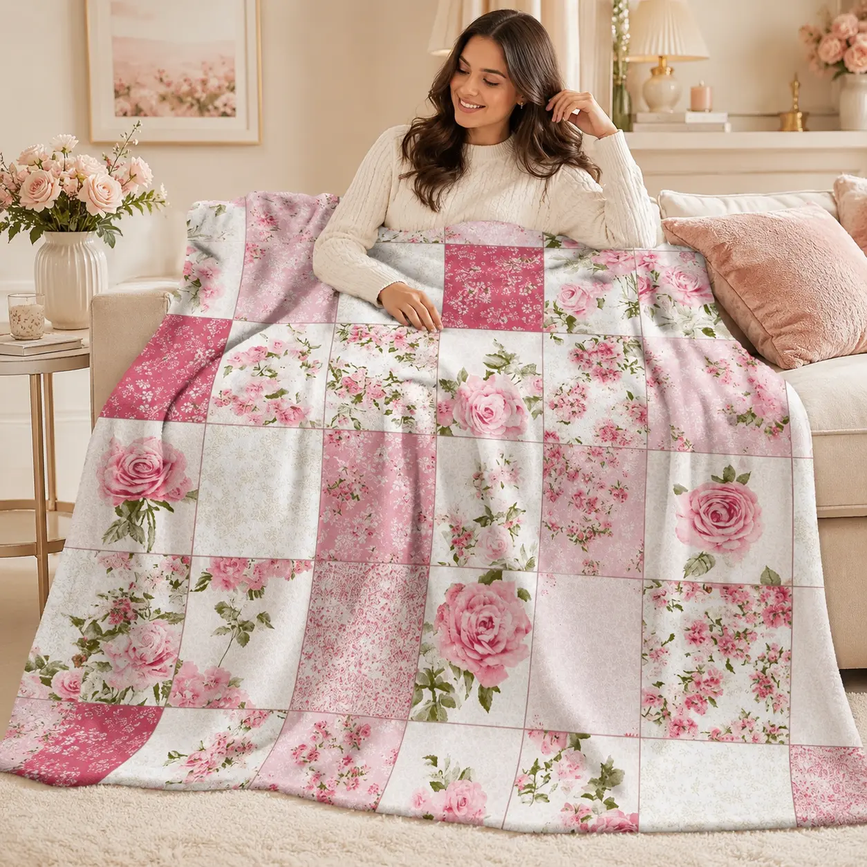 Vintage Pink Rose Floral Patchwork Flannel Blanket - Soft, Cozy, Warm, Fuzzy Plush Throw, Romantic Shabby Chic Home Decor for Bedroom Sofa, Ideal Birthday Gift for Women, Room Decor For Women, Vintage Home Decor