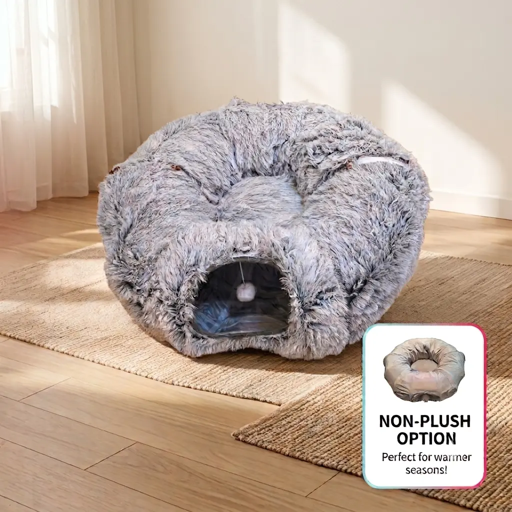 Cat Play Tunnel and Bed with Middle Cushion - Interactive Toy, Foldable Versatile Design, Soft Plush or Non-Plush Polyester Blend, 84cm Diameter, 28cm Height, Easy Storage and Transport, for Cat Playtime & Relaxation