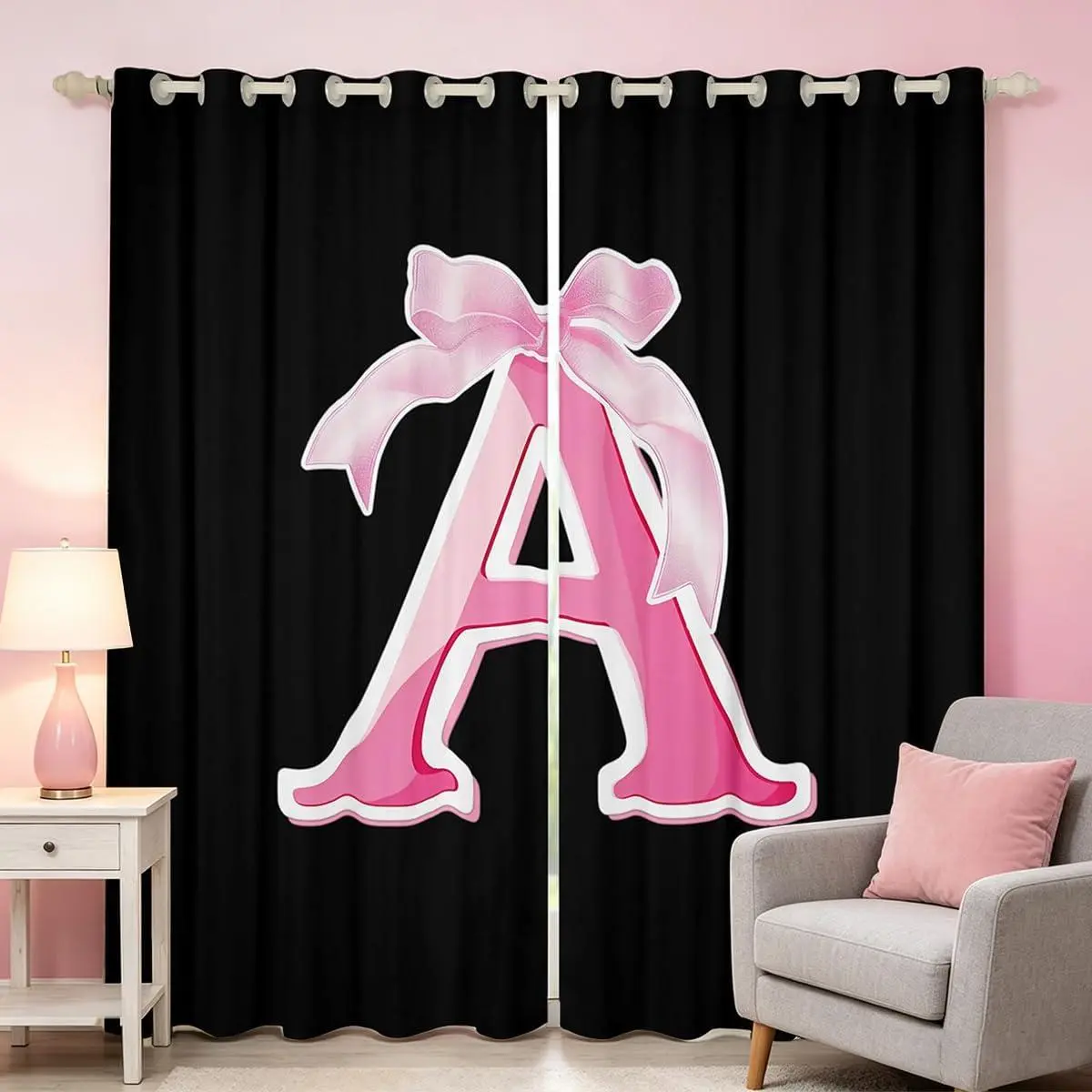 Black Pink Bow Curtain (,) Monogrammed Window Drapes Personalized Initial A Blackout Shades Fashion Room Darkening Curtain Bowknot Window Treatments, Room Decor, Living Room Decorations