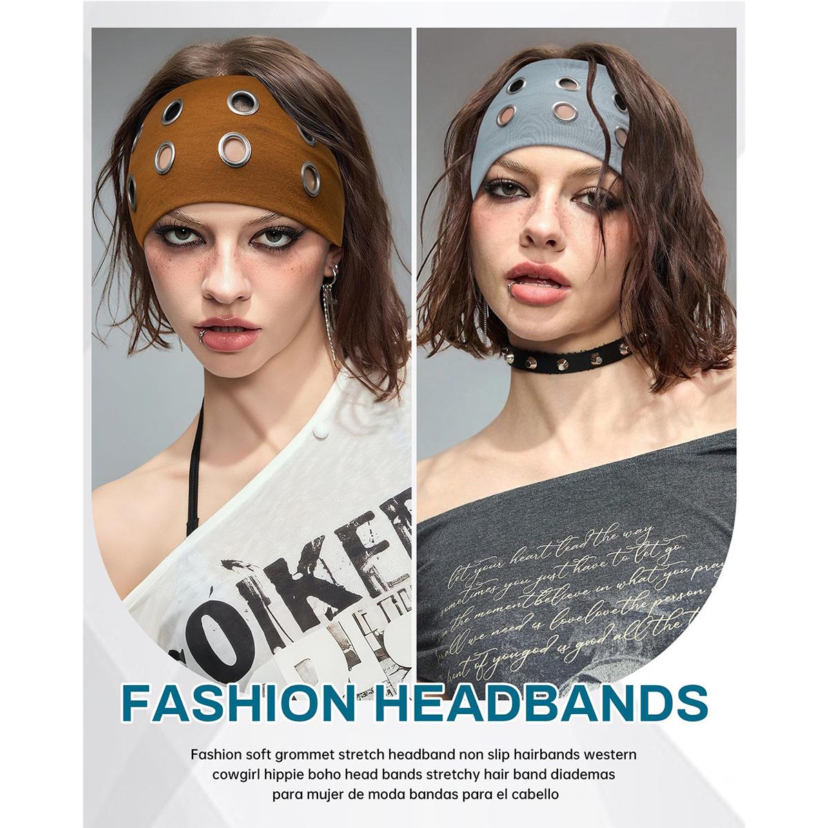 Punk Grunge Hollowed Out Metal Eyelets Wide Elastic Headband For Girl Women Rock Style Steampunk Stretchy Headbands Hair Accessorie