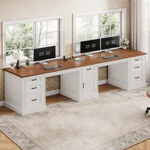 Sedeta 110.3-Inch Vintage 2-Person Farmhouse Computer Desk, Long Office Desk with Printer Stand, Power Outlets, 7 Drawers & Large Storage for Home Office