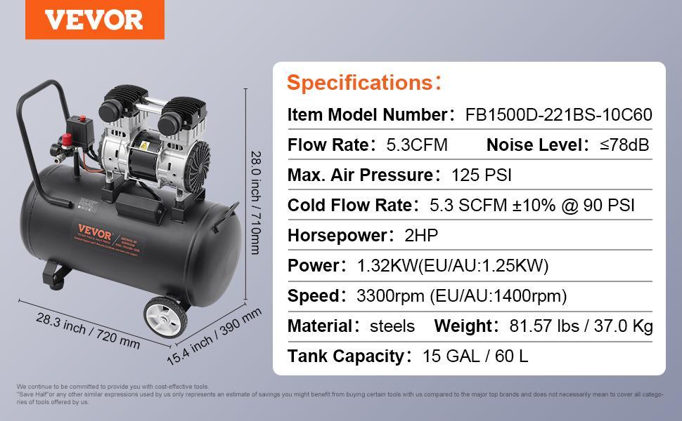 VEVOR Air Compressor Compact Portable Oil Free, Max. 15 Gallon Steel Tank, 2HP 5.3 CFM@90 PSI Oil Free Air Compressor & Max. 125PSI Pressure, 78dB Ultra Quiet Portable Compressor, for Auto Repair