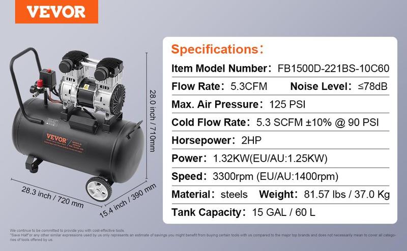 VEVOR Air Compressor Compact Portable Oil Free, Max. 15 Gallon Steel Tank, 2HP 5.3 CFM@90 PSI Oil Free Air Compressor & Max. 125PSI Pressure, 78dB Ultra Quiet Portable Compressor, for Auto Repair