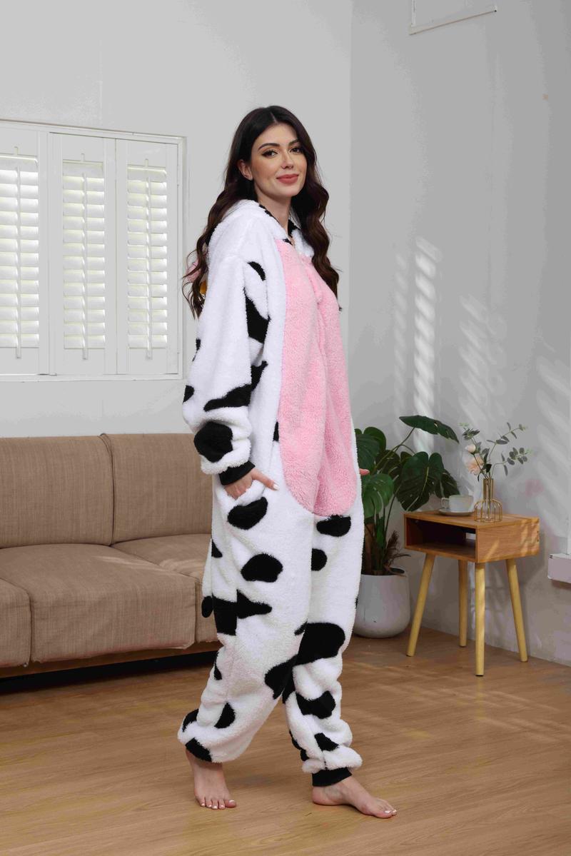 Cozy Cow Onesie for Adults, Plush Fleece Animal Costume Pajamas with Hood for Halloween, Cosplay, and Loungewear Cozy Cow Onesie for Adults, Plush Fleece Animal Costume Pajamas with Hood for Halloween, Cosplay, and Loungewear