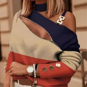 Elegant Three-Color Patchwork Zip Up Long Sleeve Shirt - Mixed Color