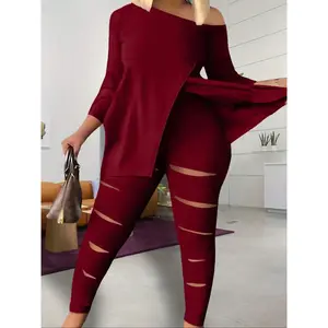 【 Plus Size 】 Two piece solid color open top single shoulder T-shirt and split tight pants, a casual, fashionable and comfortable three-quarters sleeve top and pants, suitable for daily outdoor wear, autumn and winter women's two-piece clothing set