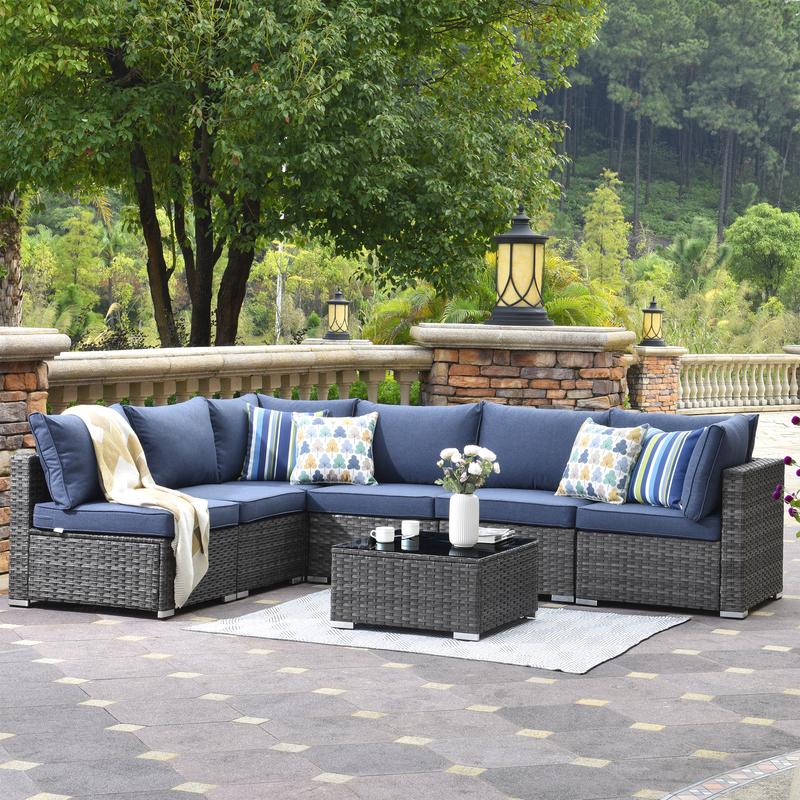 【3 Packages Shipping】Ovios Outdoor 7 Piece Coversation Set with Coffee Table,Sectional Patio Furniture Set with All-Weather Wicker Sofa,Modern Outside Couch for Balcony Backyard Pool