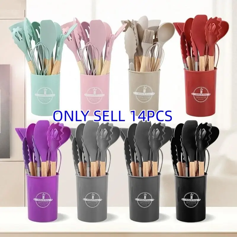 Silicone Cooking Utensils Set, 14pcs/set Modern Non-stick Cooking Utensils Set with Wooden Handle, Kitchen Cooking Utensils Set for Home Use, Silicone Spatula Set, Kitchen Gadgets, Durable Kitchenware, Kitchen Cooking Accessories