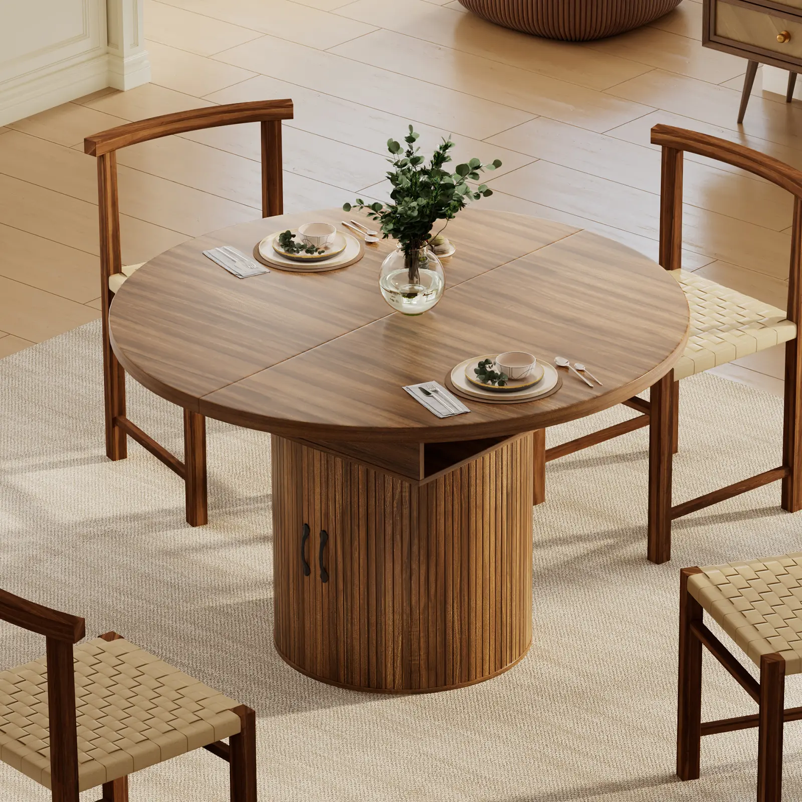 FUSOU 43'' to 59'' Extendable Round Dinning Table for 4-6-8, Dinning Room Kitchen Table with Storage, 43''-59'' Oval Circle Dinner Table with Wood Silde Door for Kitchen, Dining Room, Apartment, Walnut,dorm essentials,home decor