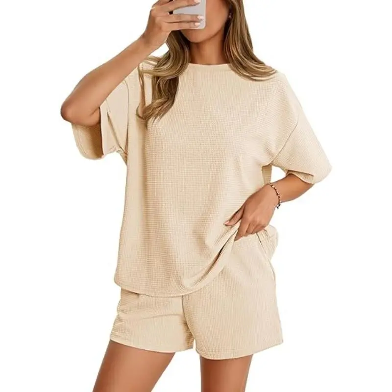 Womens Waffle Knit 2 Piece Outfits Casual Short Sleeve Shirts and Shorts Sets Loose Fit Summer Outfits