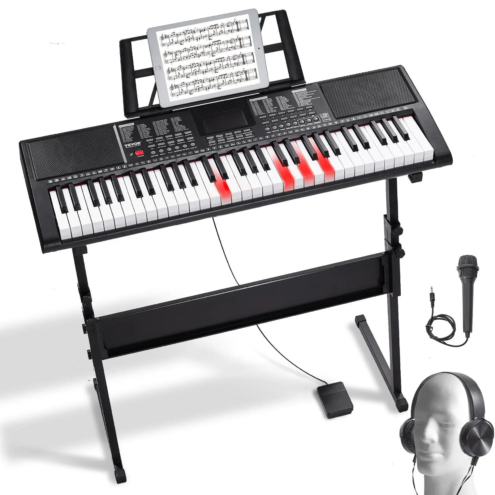 VEVOR 61-Key Lighted Key Electronic Digital Piano, Portable Electric Piano with Adjustable Stand, 600 Tones, 500 Rhythms, Built-In Speakers, Sustain Pedal, Headphones, Microphone, USB MIDI for Beginners, Electronic Piano