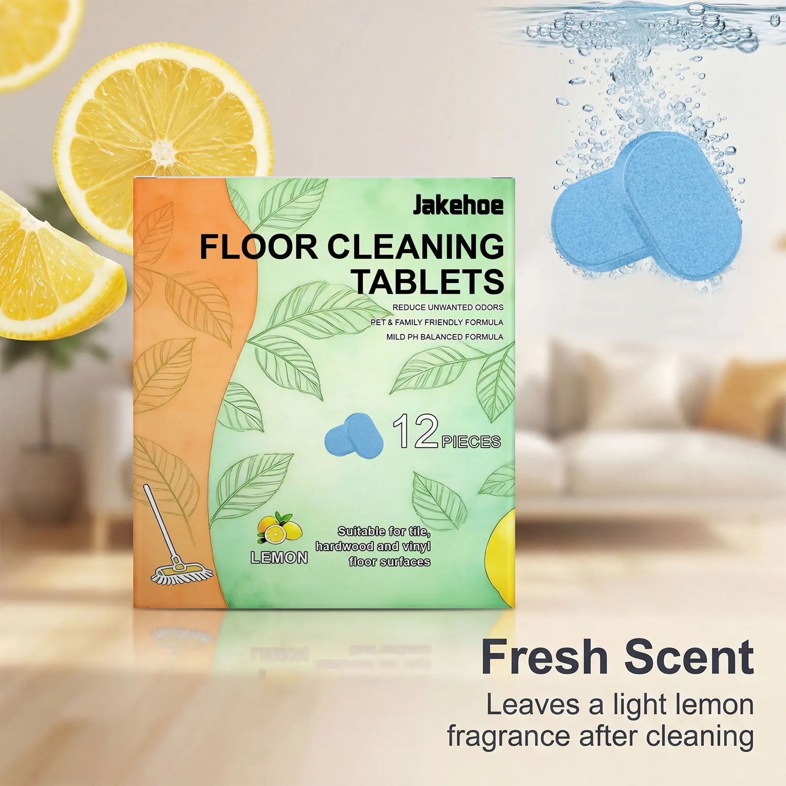 Household Floor Cleaner Tablets, 12-Pack Lemon Scented Multipurpose Hard Floor Cleaners - Nonscratch, Antibacterial, Freshening, Safe for Wood Tile Marble, Quick Dry, No Residue, Multipurpose Floor Cleaners