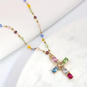 A Delicate Women'SColorful Cross Pendant Necklace, Set with Sparkling SyntheticCubic Zirconia, Perfect for Everyday Wear As a Beautiful Gift