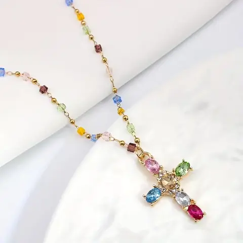 A Delicate Women'SColorful Cross Pendant Necklace, Set with Sparkling SyntheticCubic Zirconia, Perfect for Everyday Wear As a Beautiful Gift