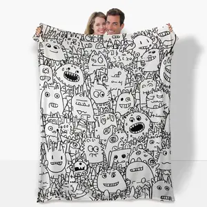 Can be painted with graffiti Whimsical Cartoon Monster Flannel Blanket - Black & White Bold Outlines for Coloring, Soft & Cozy Gift for Birthdays, Anniversaries, Holidays, Cartoon Blanket, Coloring Activity Blanket, Playful Design, Durable