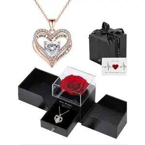Luxury Rhinestone Decor Heart Necklace with Red Rose Flower Gift Box, Matching Vintage Jewelry for Birthday, Anniversary, Perfect Gift for Girlfriend, Valentine's Day, Gift, Mother's Day Gifts, Gift Set for Mothers, Gifts for Her