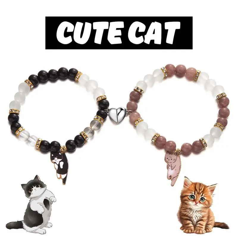 Women's 2-Piece Sports Wristbands with Kitten-Shaped Heart Pendants, Love Matching Sets, All-Seasons Couple Gifts for Couples